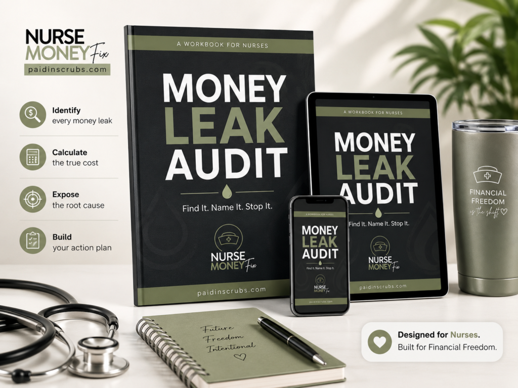Money Leak Audit workbook displayed as a printed book, tablet, and phone for nurses who want to identify spending leaks.