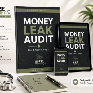 Money Leak Audit workbook displayed as a printed book, tablet, and phone for nurses who want to identify spending leaks.