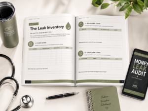 Open Money Leak Audit workbook showing fixed, behavioral, and structural money leak worksheets for nurses.