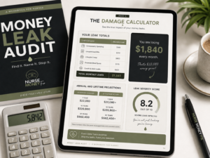 Money Leak Audit damage calculator showing monthly leak totals, annual projections, and financial impact.
