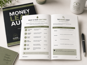 Open Money Leak Audit workbook showing nurse spending personality types and a root cause source audit.